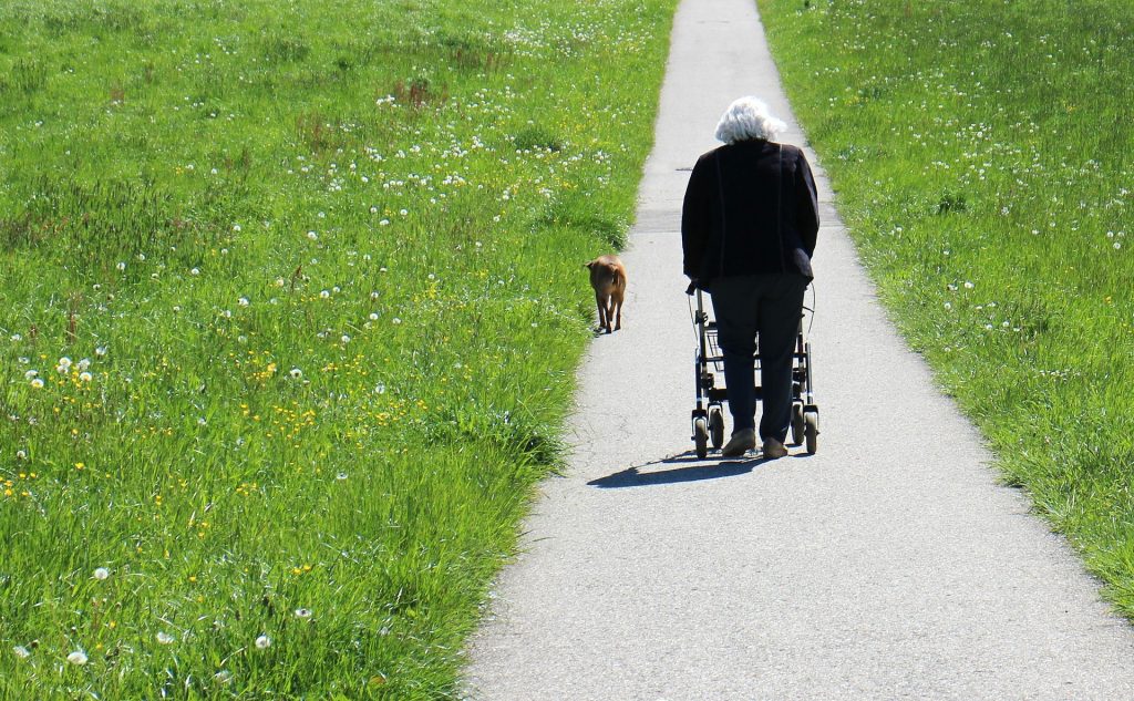 Anciana andando por camino con andador